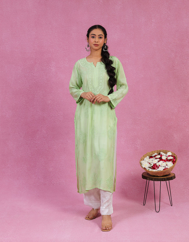 Urviya Chikankari Muslin Long Kurti - Ghaspatti Gala Bakhiya Boota Green