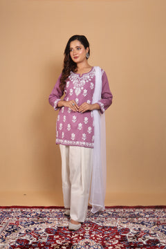 Purple Modal Short Kurta Gala Boota 3 Piece Set