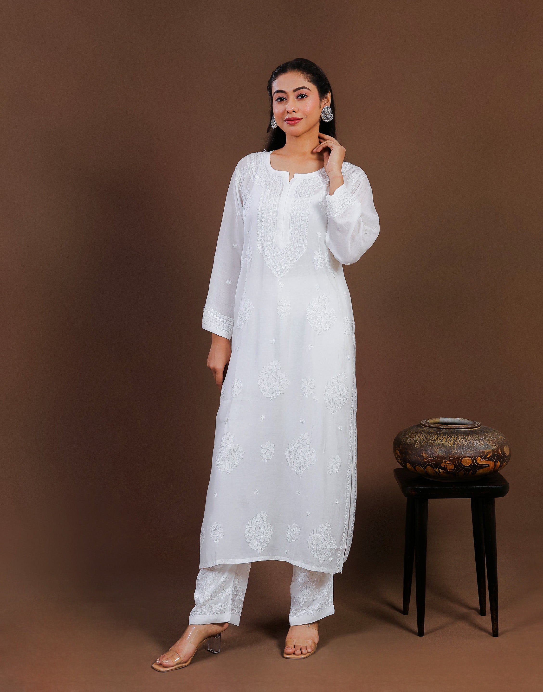Urviya Chikankari Chanderi 2 piece Set White