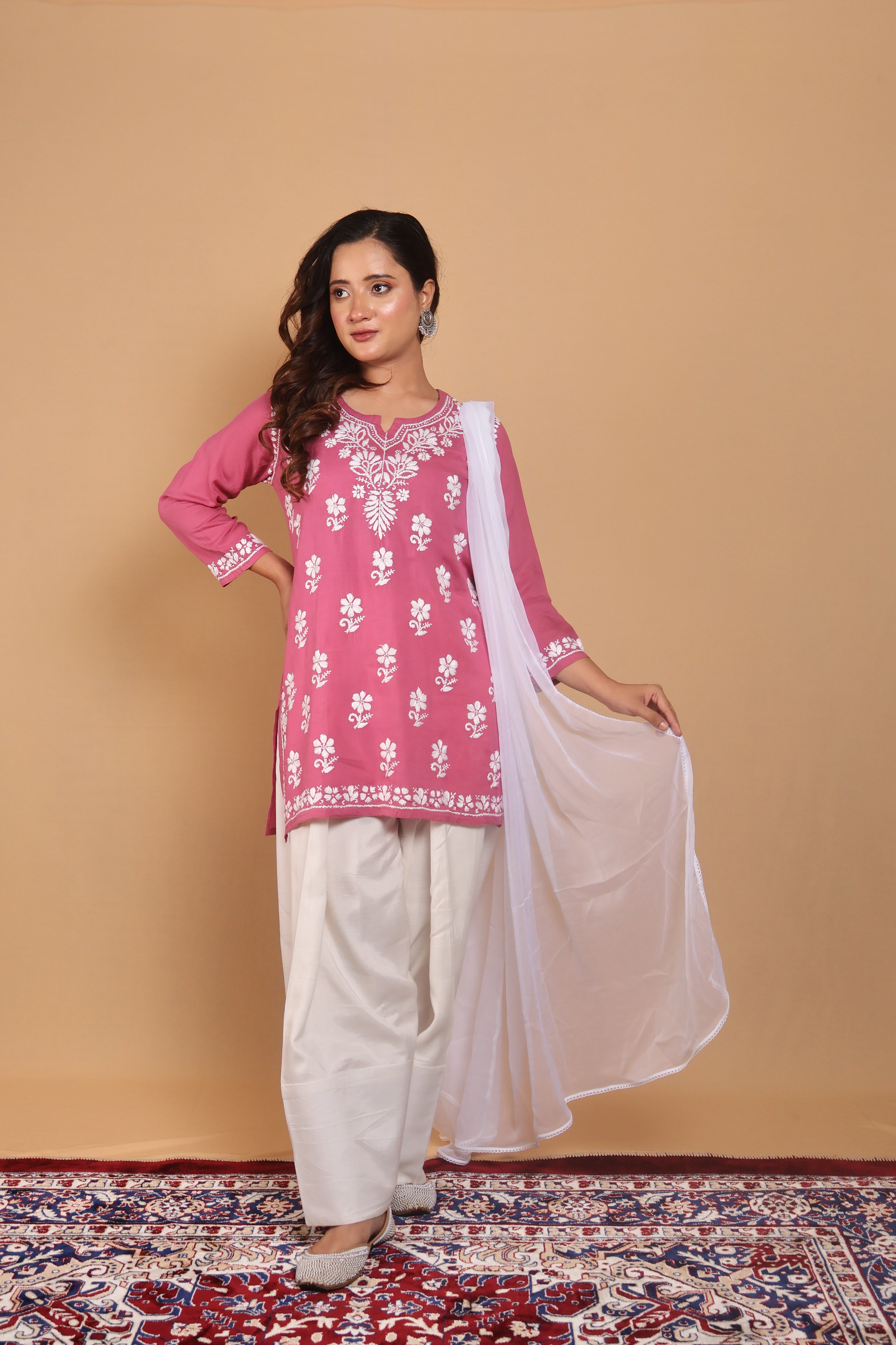 Pink Rayon Short Kurta Gala Boota