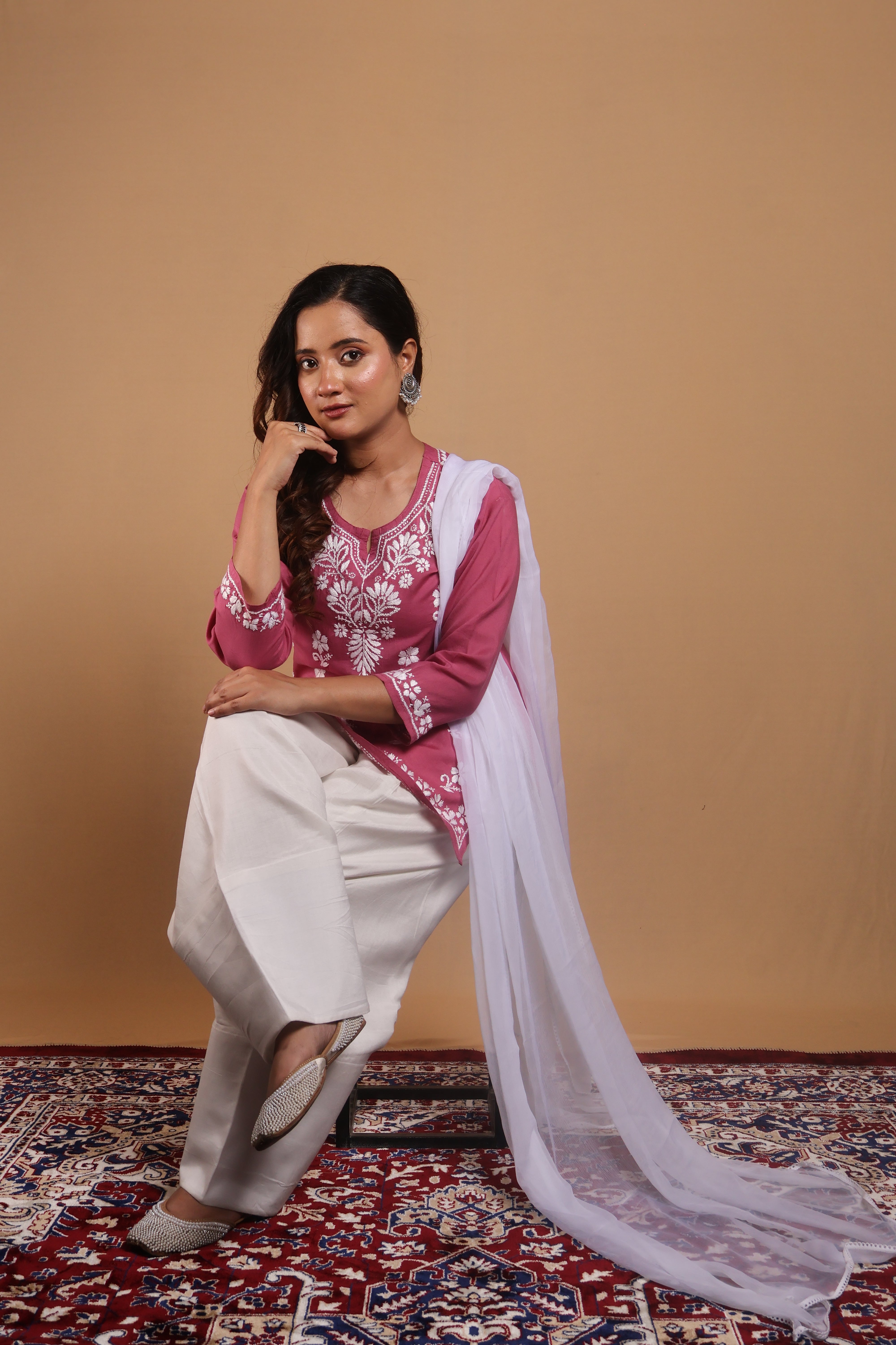 Pink Rayon Short Kurta Gala Boota 2 Piece Set