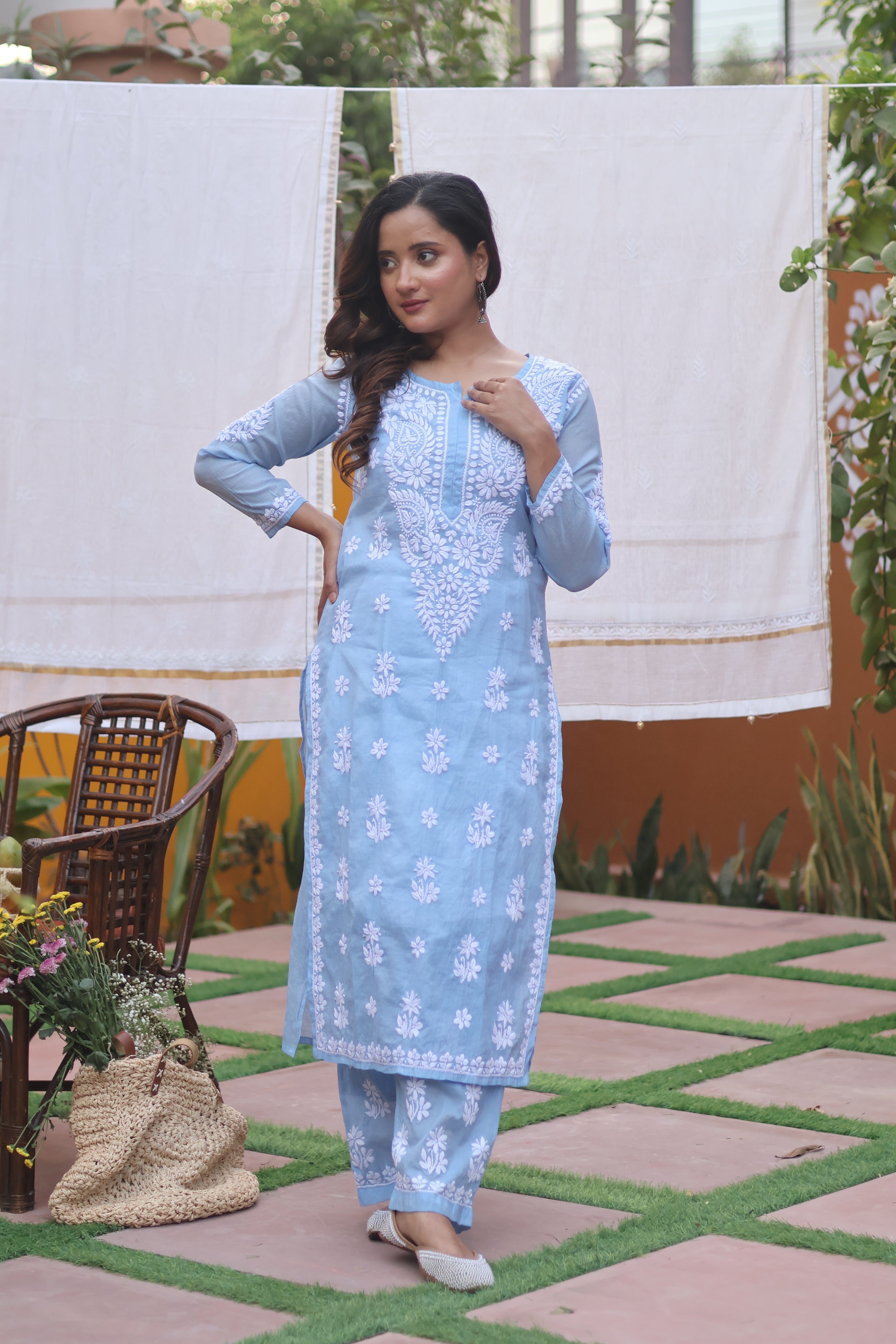 Blue Mul Chanderi Ghaspatti 2 Piece Set