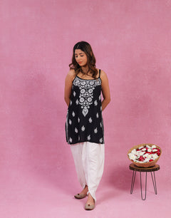 Black Modal Chikankari Spaghetti Strap Short Kurti