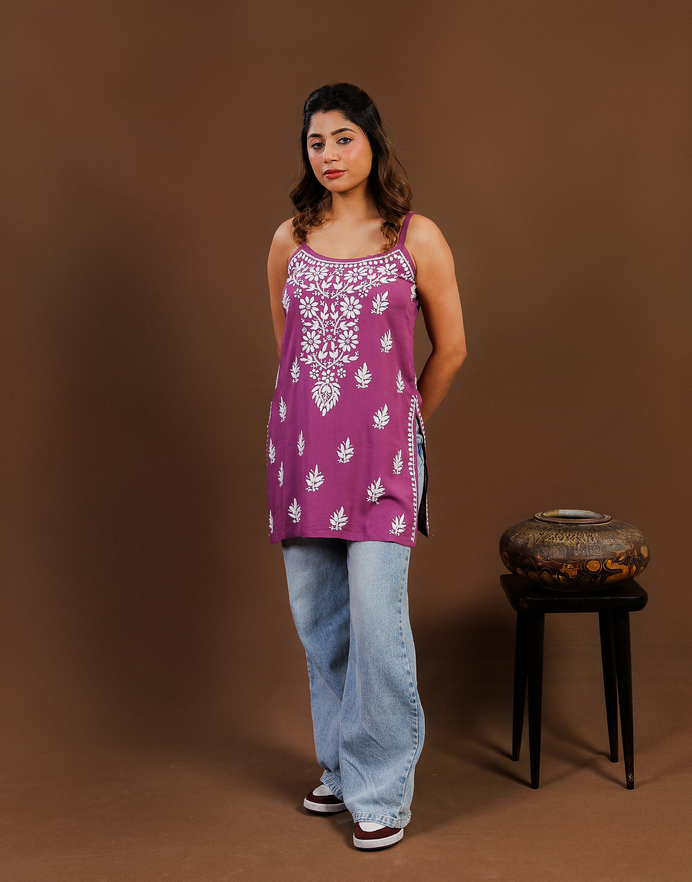 Chikankari Modal Spaghetti Strap Short Kurti - Purple
