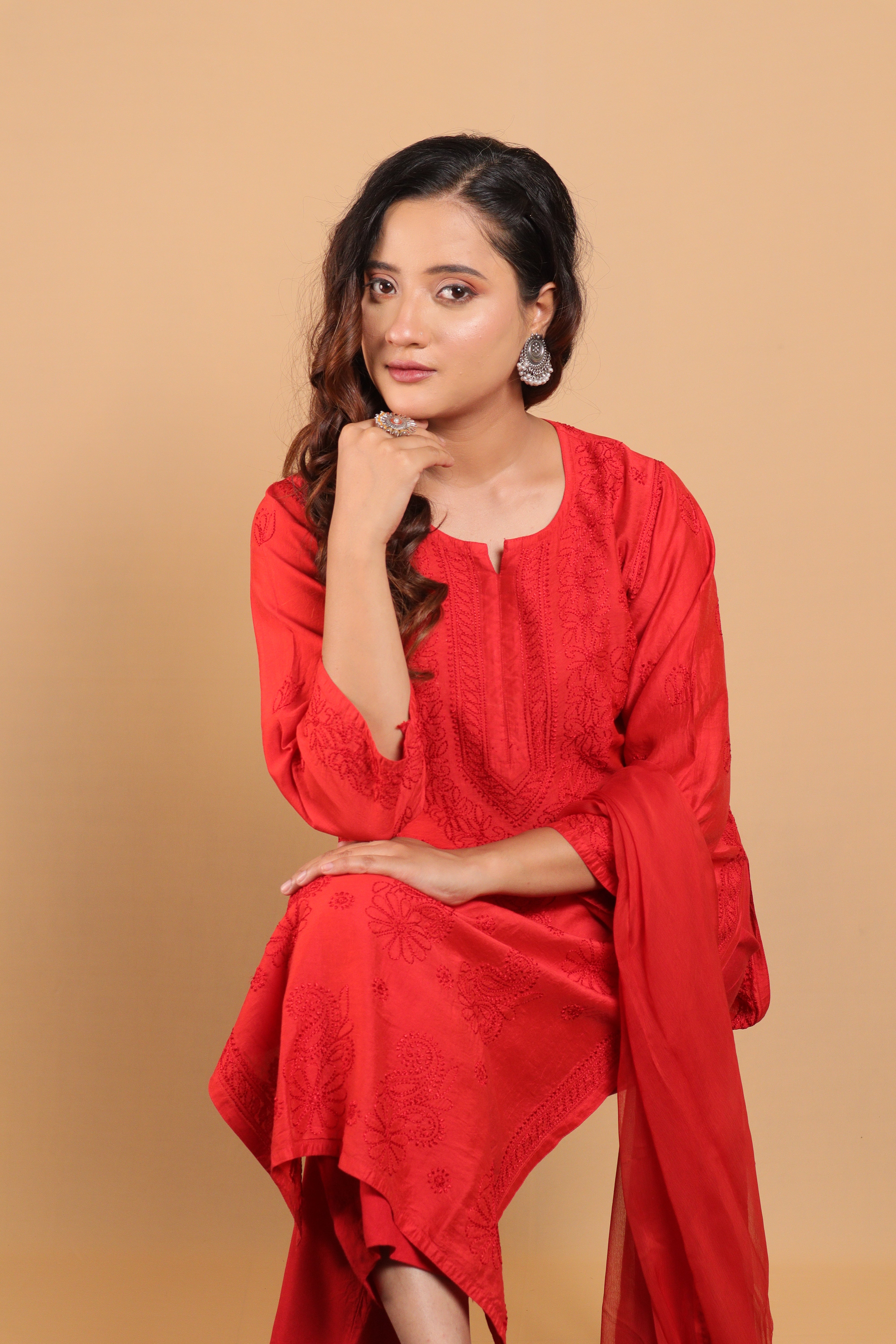 Red Chanderi Long Kurti 3 Piece Set