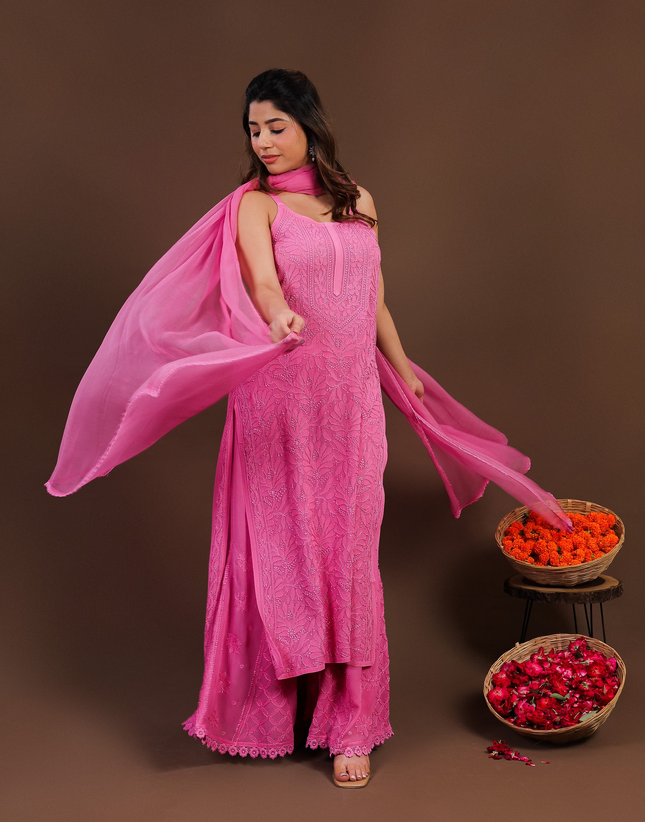 Urviya Chikankari Georgette 3 piece set - Long Spaghetti Pink