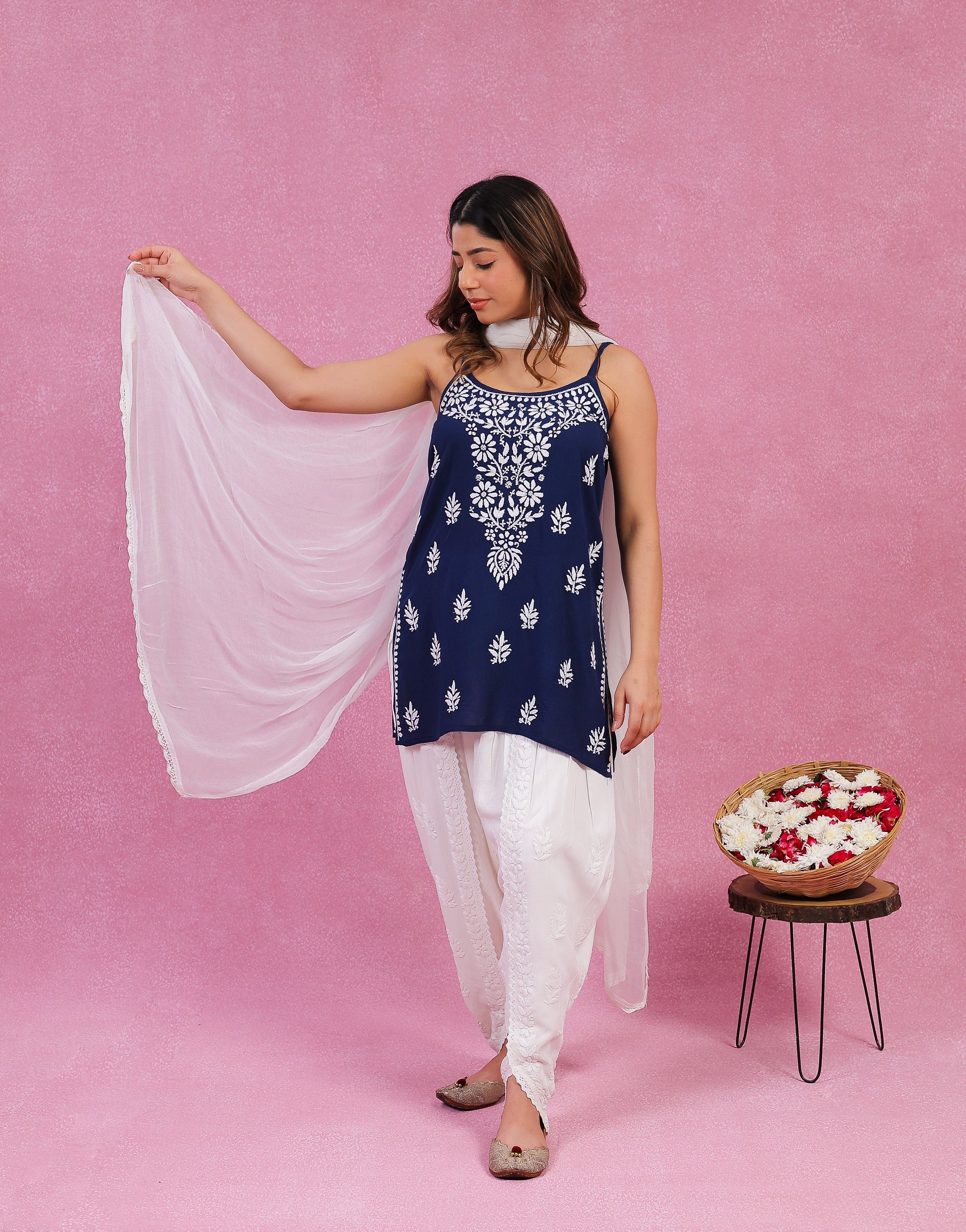 Chikankari Modal Spaghetti Strap Short Kurti - Dark Blue