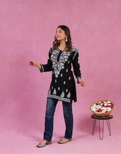 Black Rayon Chikankari Short Kurti