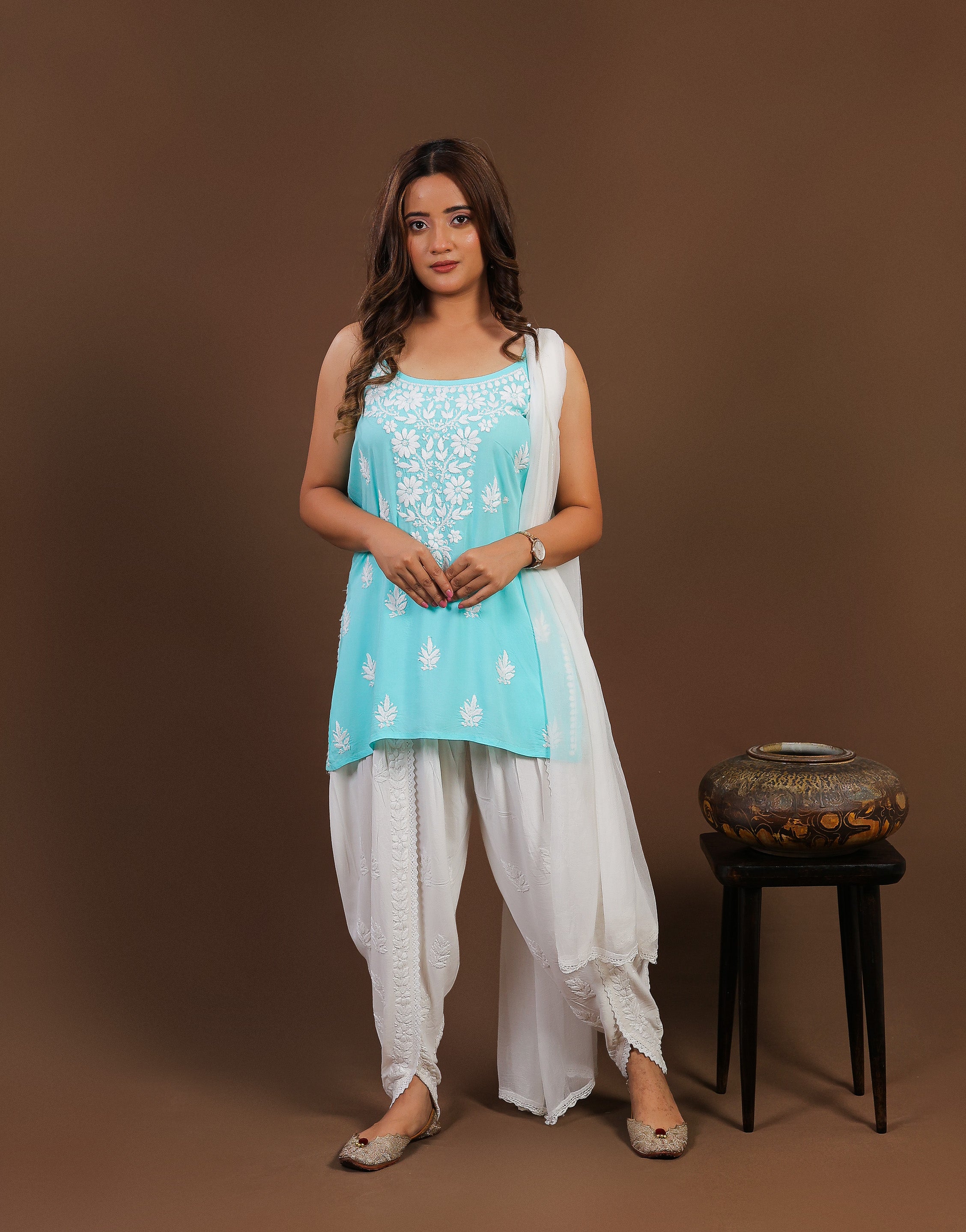 Chikankari Modal Spaghetti Strap Short Kurti - Sea Blue