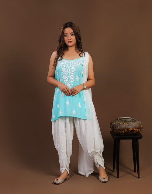 Urviya Chikankari Modal Short Kurti - Spaghetti Strap Top Sea Green