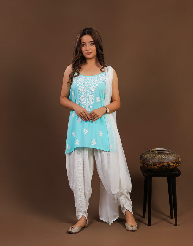 Urviya Chikankari Modal Short Kurti - Spaghetti Strap Top Sea Green