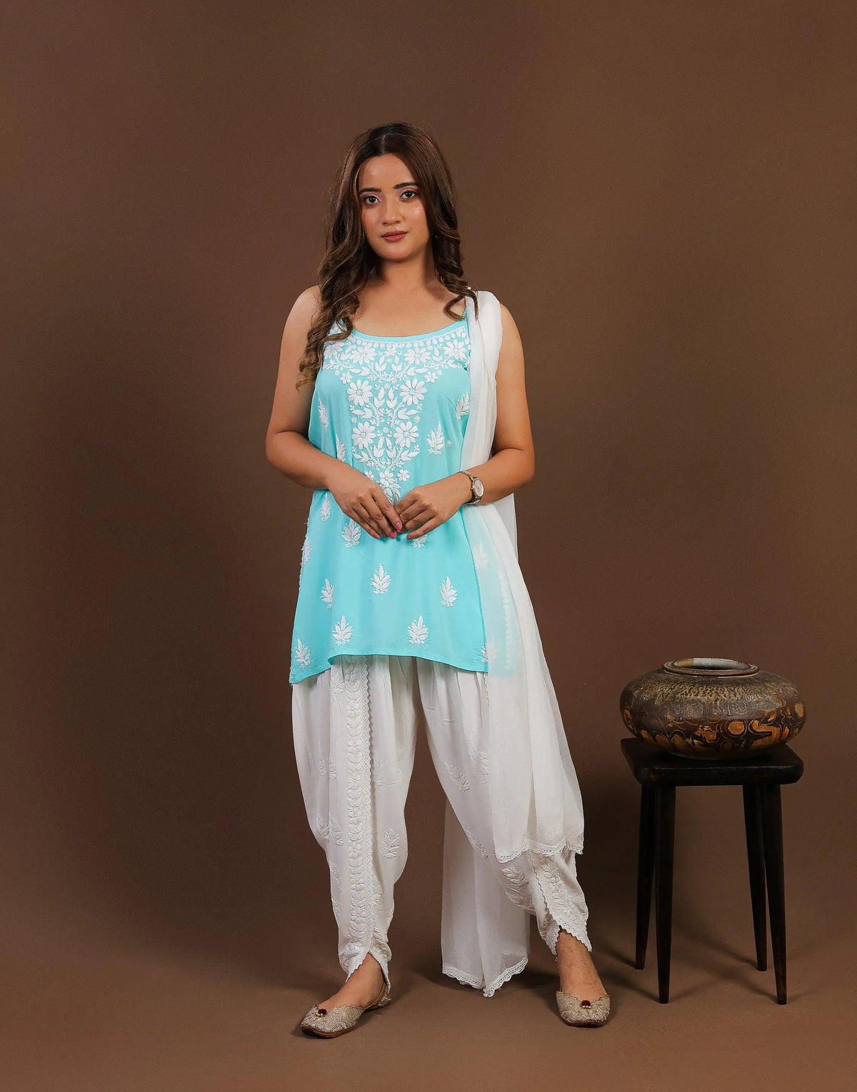 Sea Blue Modal Chikankari Spaghetti Strap Short Kurti Sea Blue Modal Chikankari Spaghetti Strap Short Kurti 