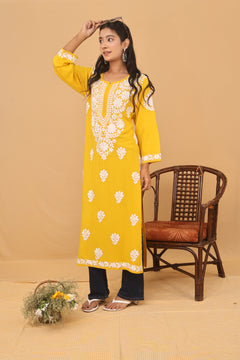 Mustard Rayon White Thread Long Kurti 3 Piece Set