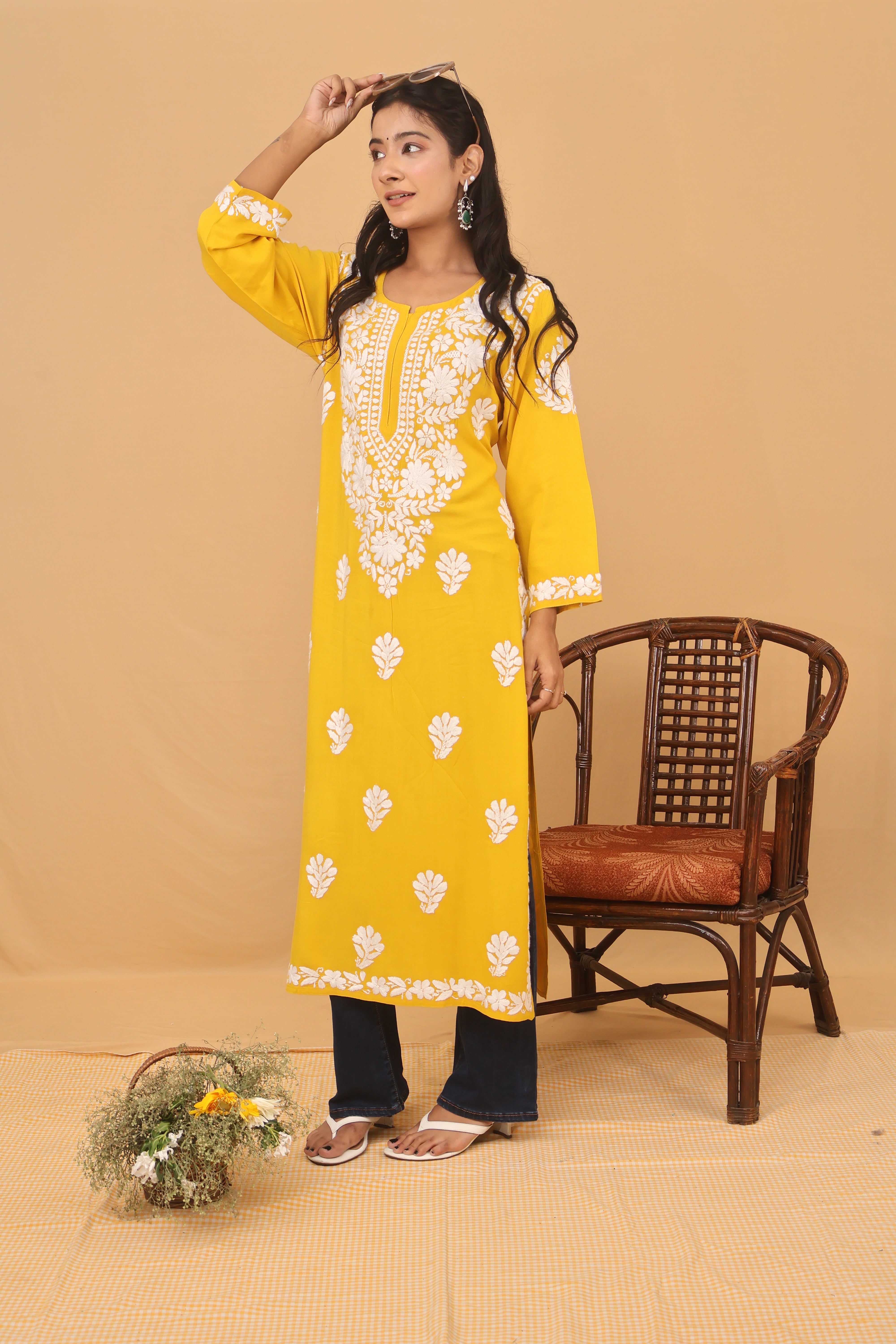 Mustard Rayon White Long Kurti 3 Piece Set