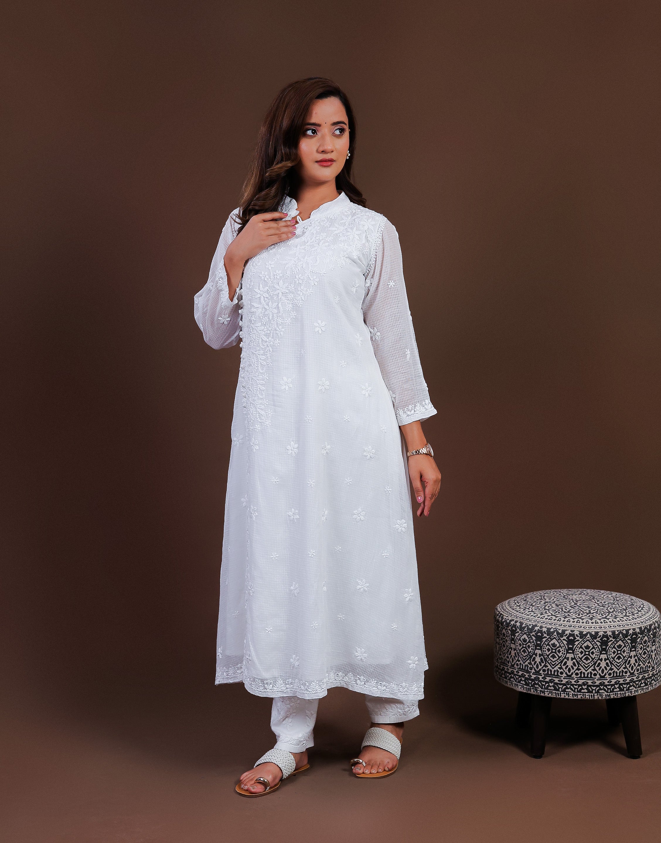 Urviya Chikankari Kota Doria Long Kurti - Side Button White