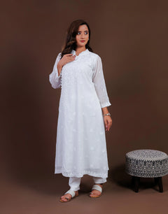 White Kota Doria Side Button Long Kurti