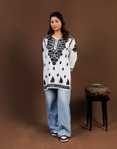 White Rayon Chikankari Short Kurti