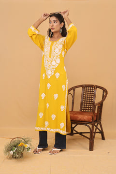 Mustard Rayon White Thread Long Kurti