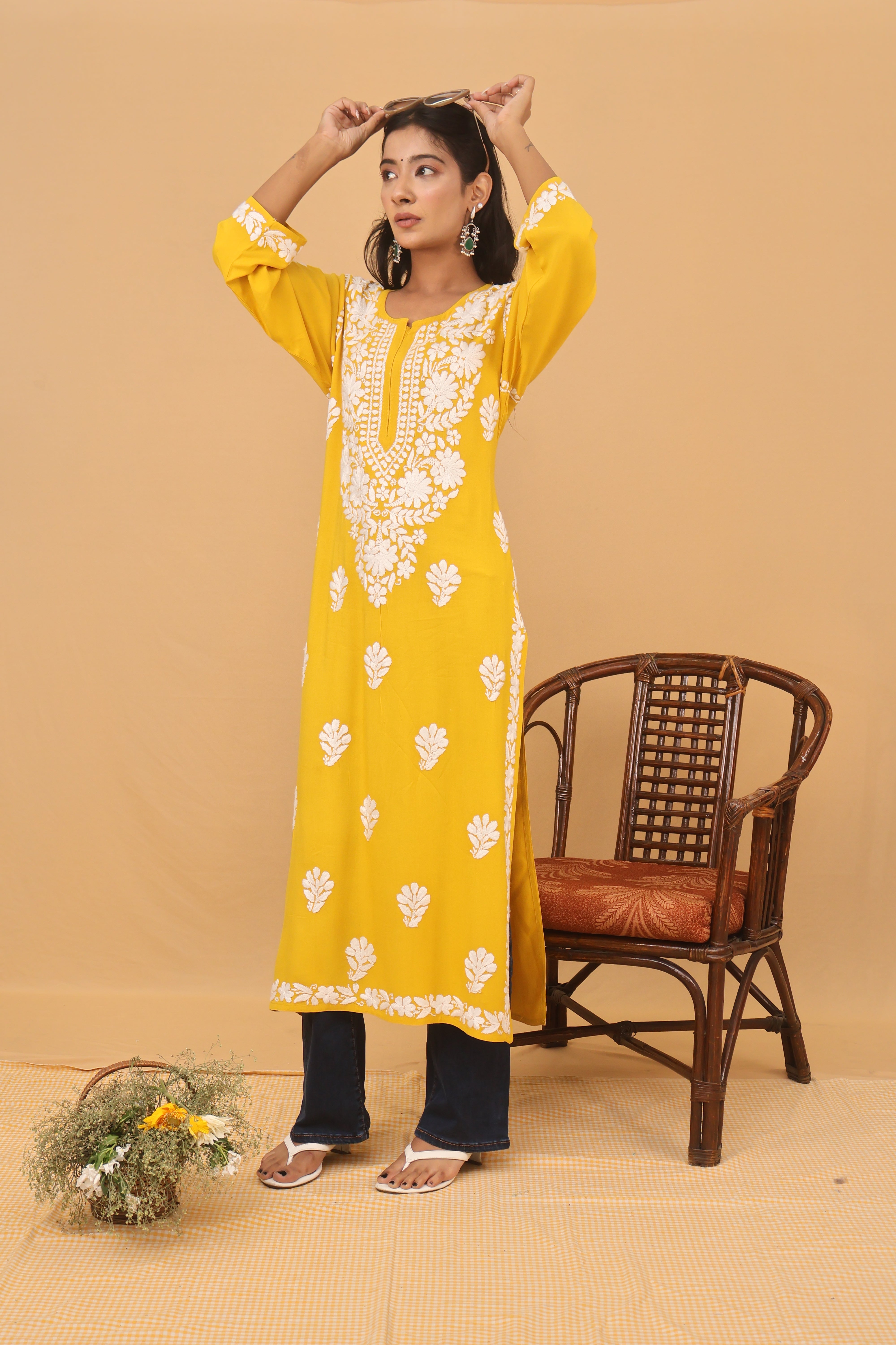 Mustard Rayon White Long Kurti