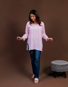 Pink Muslin Chikankari Short Kurti with Full Jaal Work