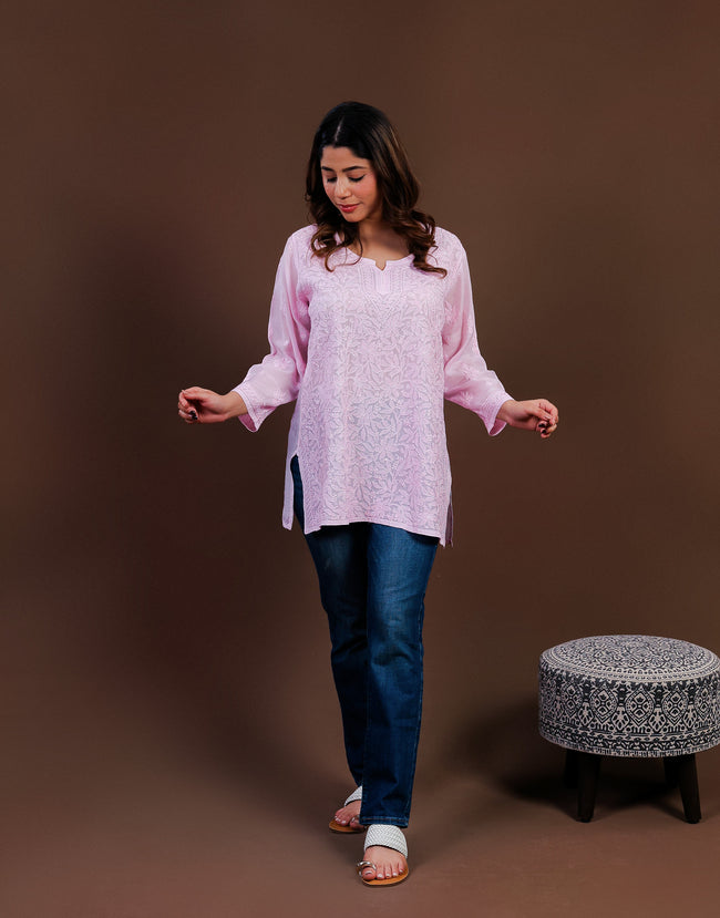 Urviya Chikankari Muslin Short Kurti - Silk Thread Full Jaal Work Pink