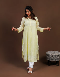 Yellow Mul Chanderi Nyra Cut Long Kurti