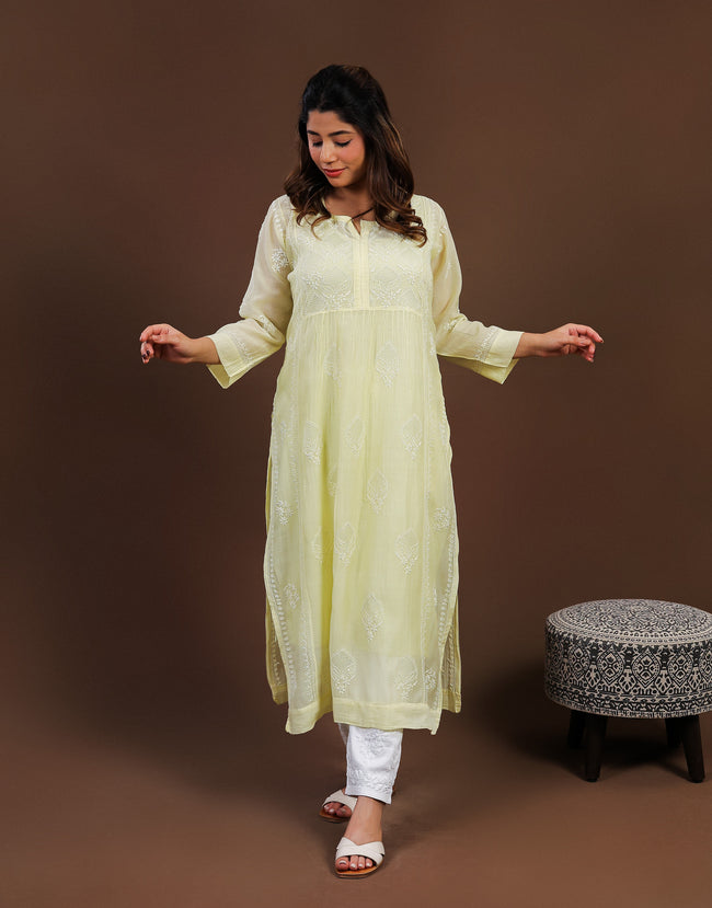 Urviya Chikankari Mul Chanderi Long Kurti – Nyra Cut with Jaali Boota Yellow