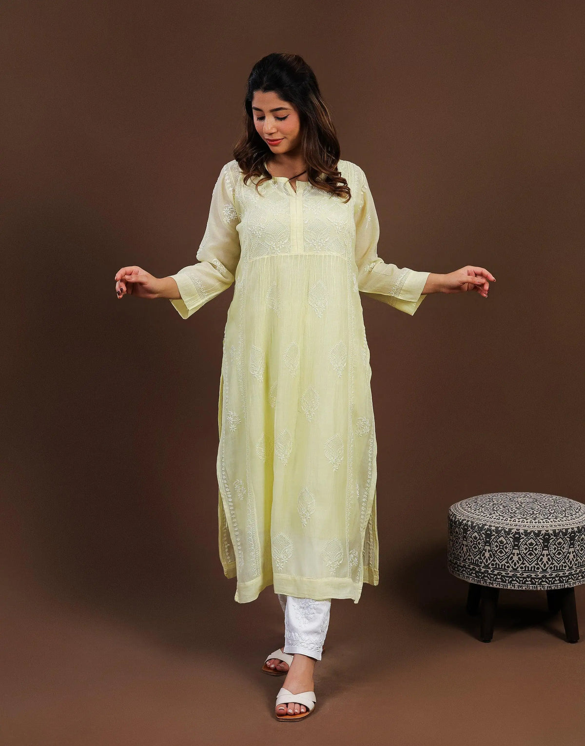 Yellow Mul Chanderi Nyra Cut Long Kurti Yellow Mul Chanderi Nyra Cut Long Kurti 