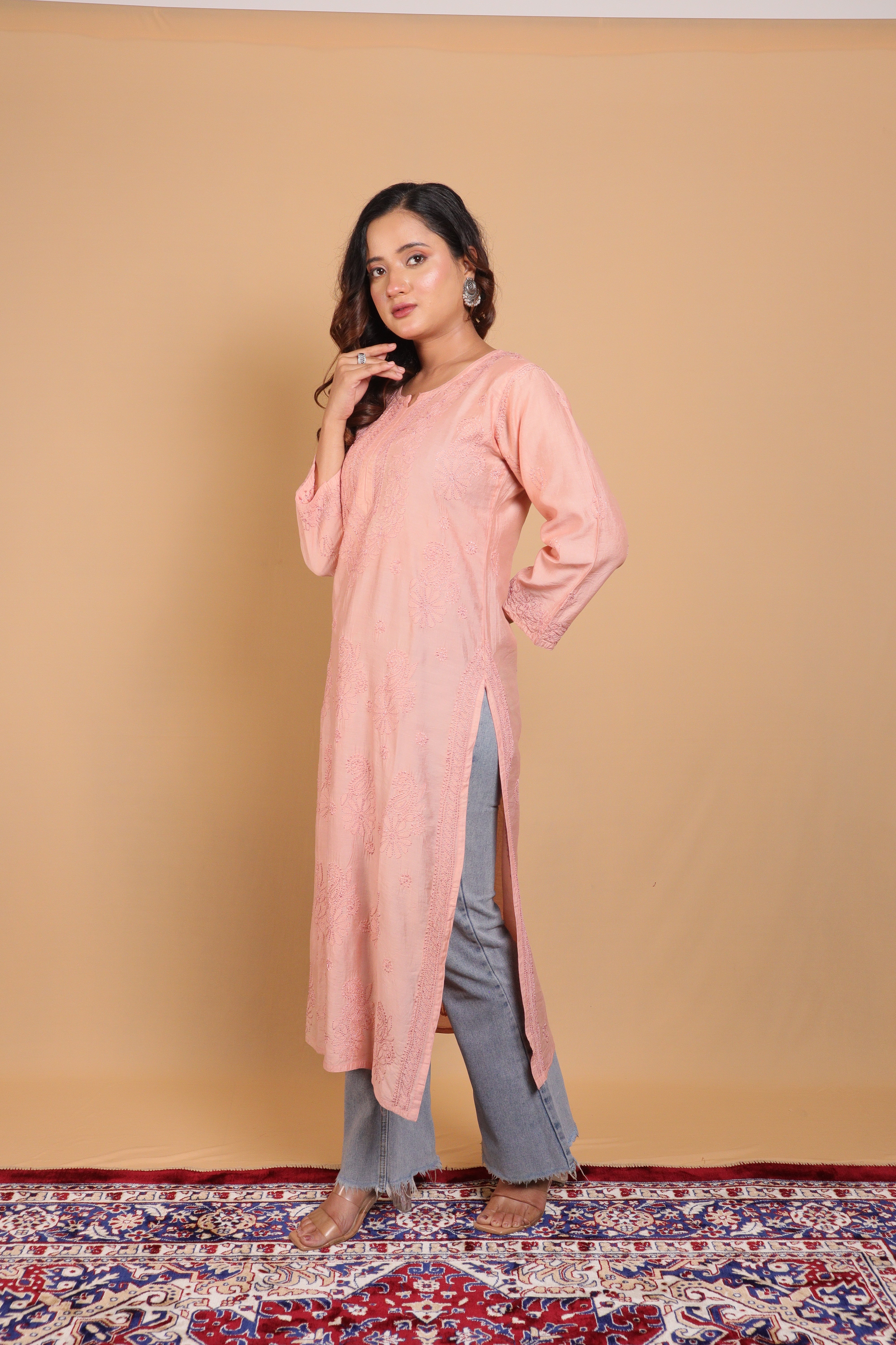 Peach Chanderi Long Kurti