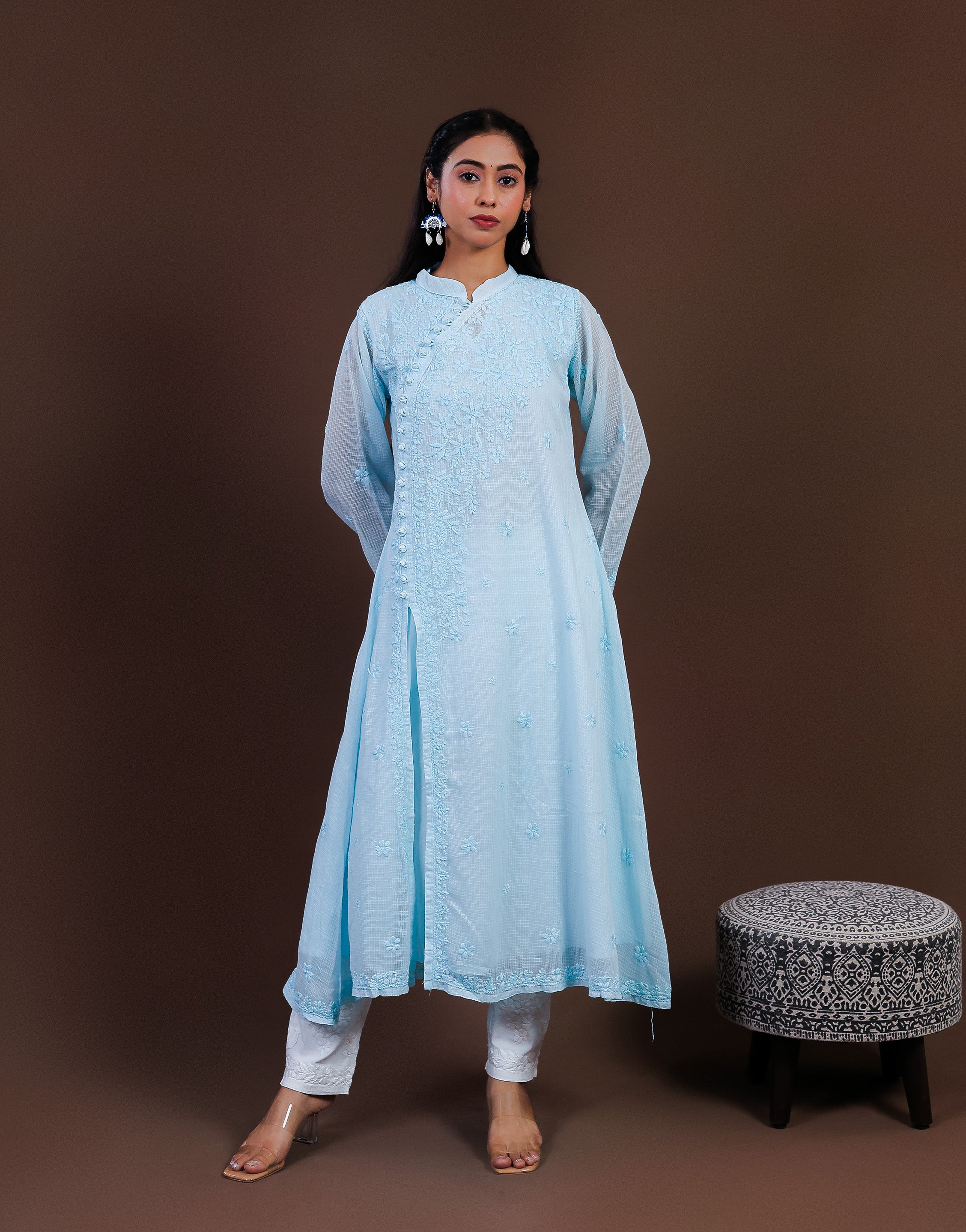 Urviya Chikankari Kota Doria Long Kurti - Side Button Blue