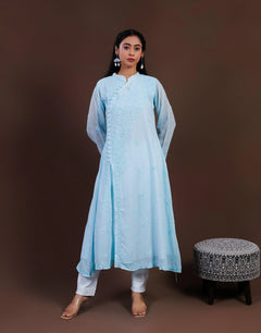 Blue Kota Doria Side Button Long Kurti