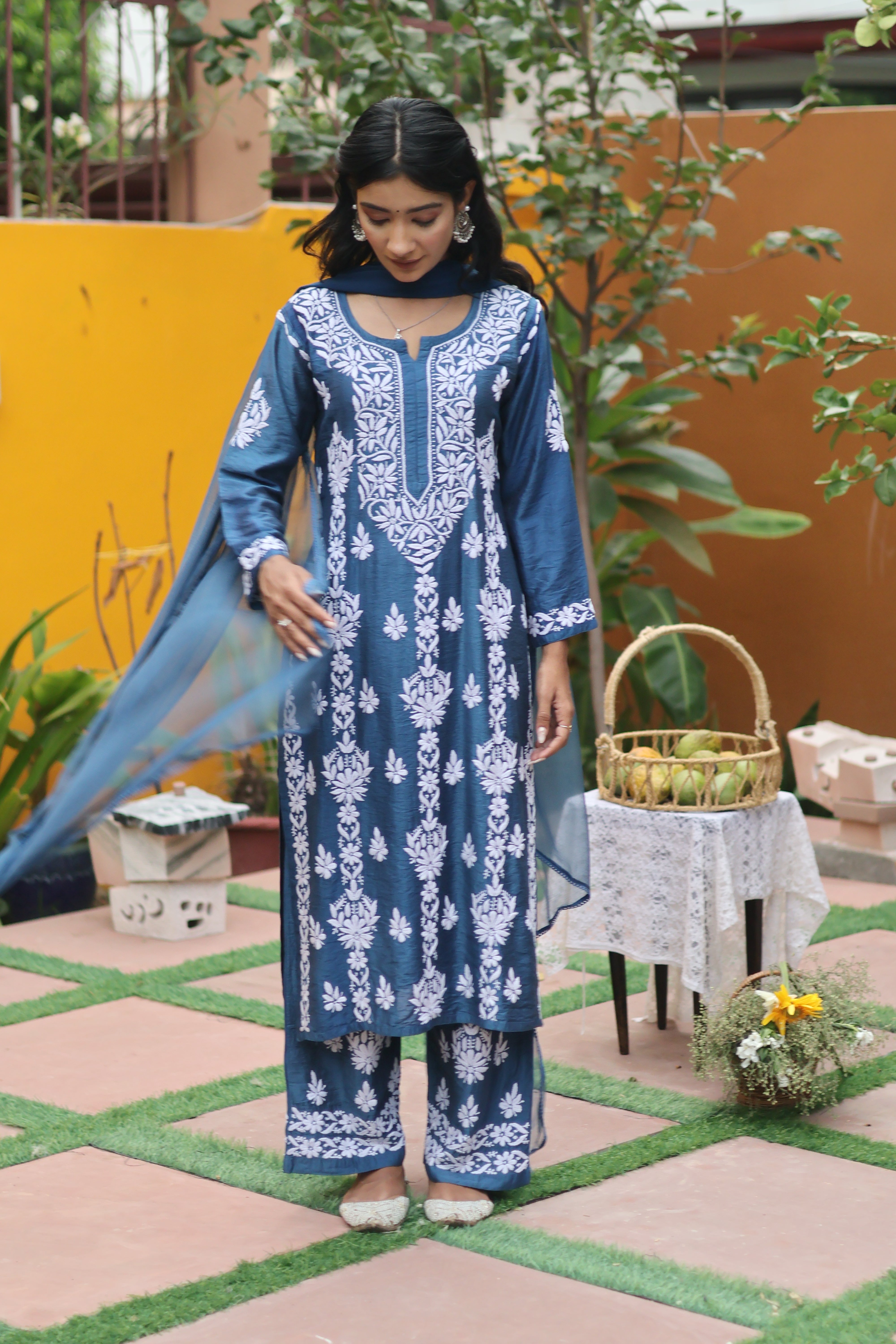 Blue Chanderi White Thread Ghaaspatti 3 Piece Set