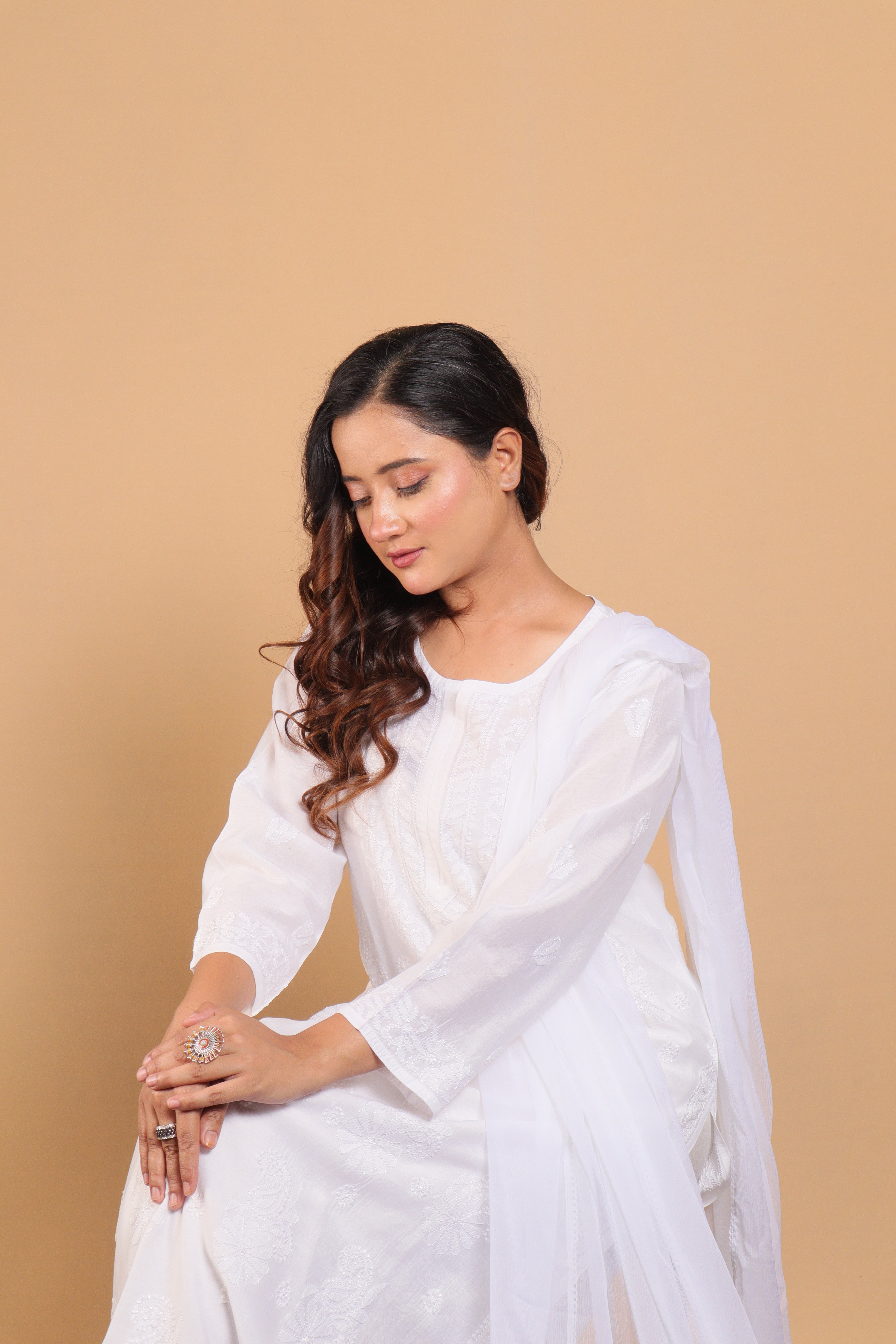 White Chanderi Long Kurti 3 Piece Set