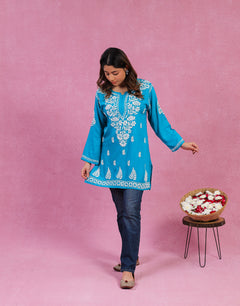 Blue Rayon Chikankari Short Kurti