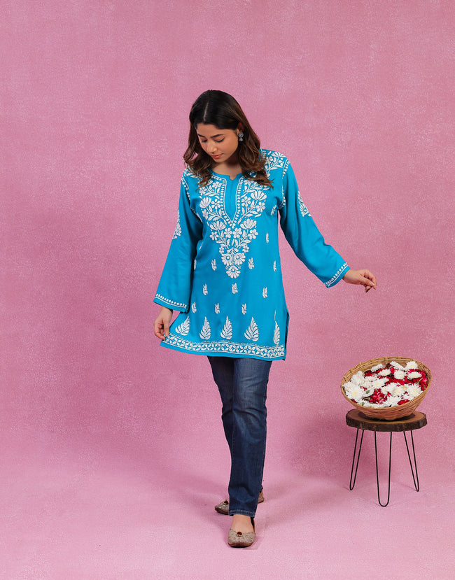 Urviya Chikankari Rayon Short Kurti Blue