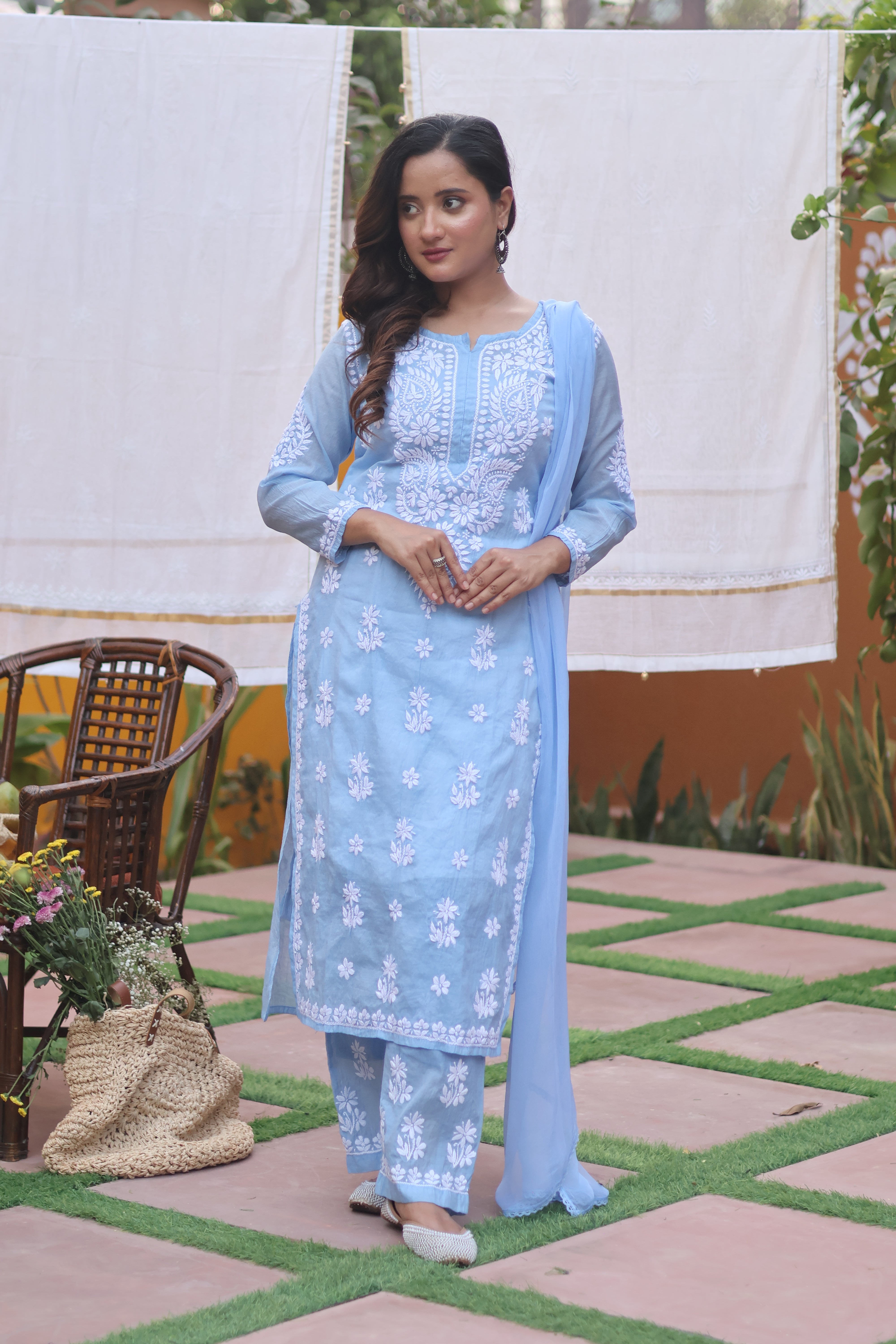 Blue Mul Chanderi Ghaspatti 3 Piece Set