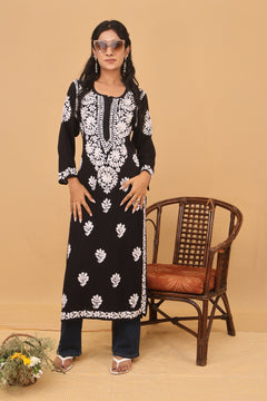 Black Rayon White Thread Long Kurti