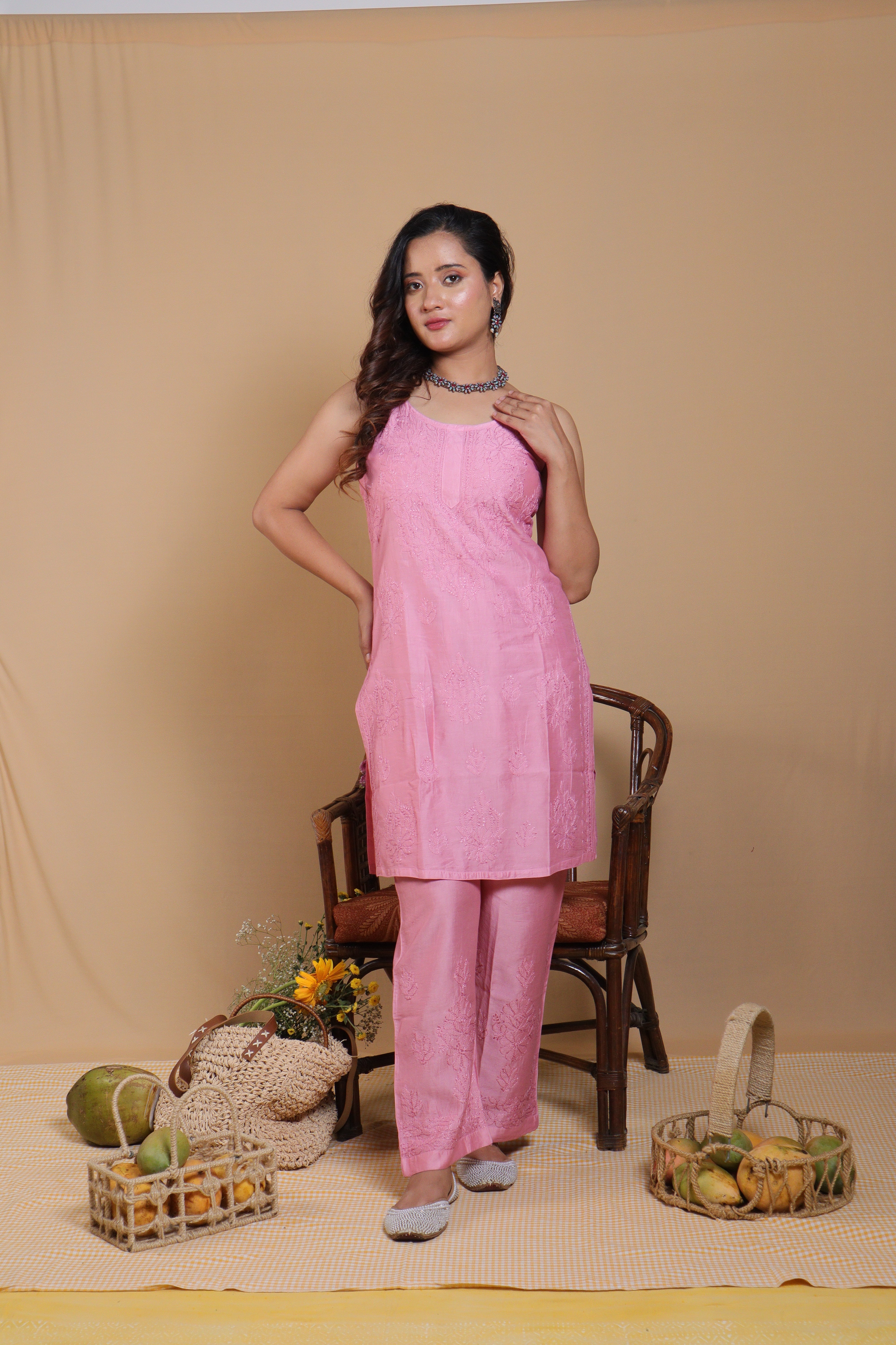 Pink Chanderi Spaghetti Bakhiya 2 Piece Set