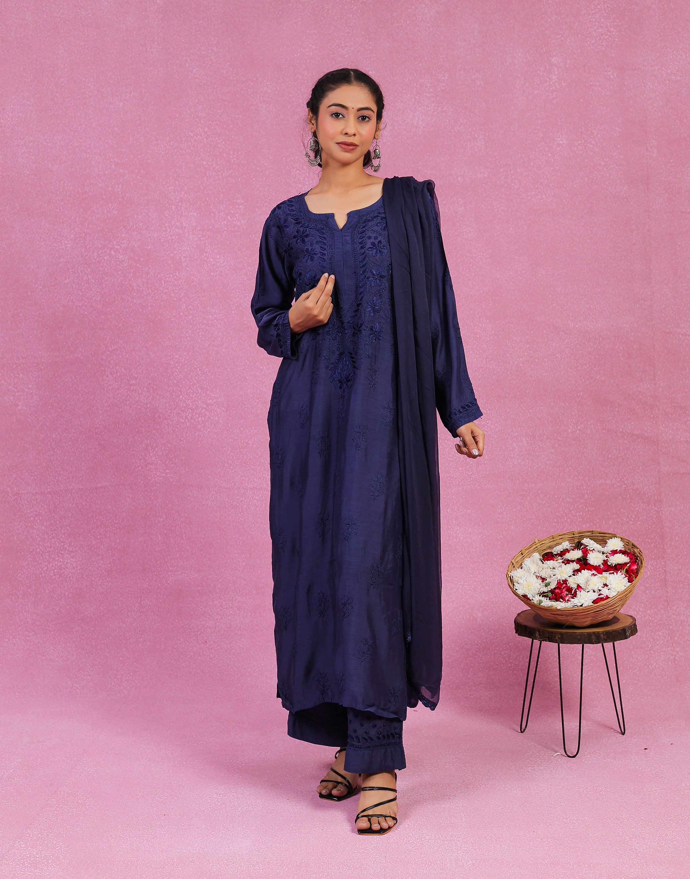 Urviya Chikankari Muslin 3 piece set - Bakhiya Ghaaspatti Work and Gala Boota Dark Blue