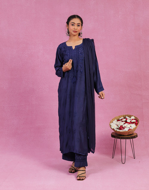 Urviya Chikankari Muslin 3 piece set - Bakhiya Ghaaspatti Work and Gala Boota Dark Blue