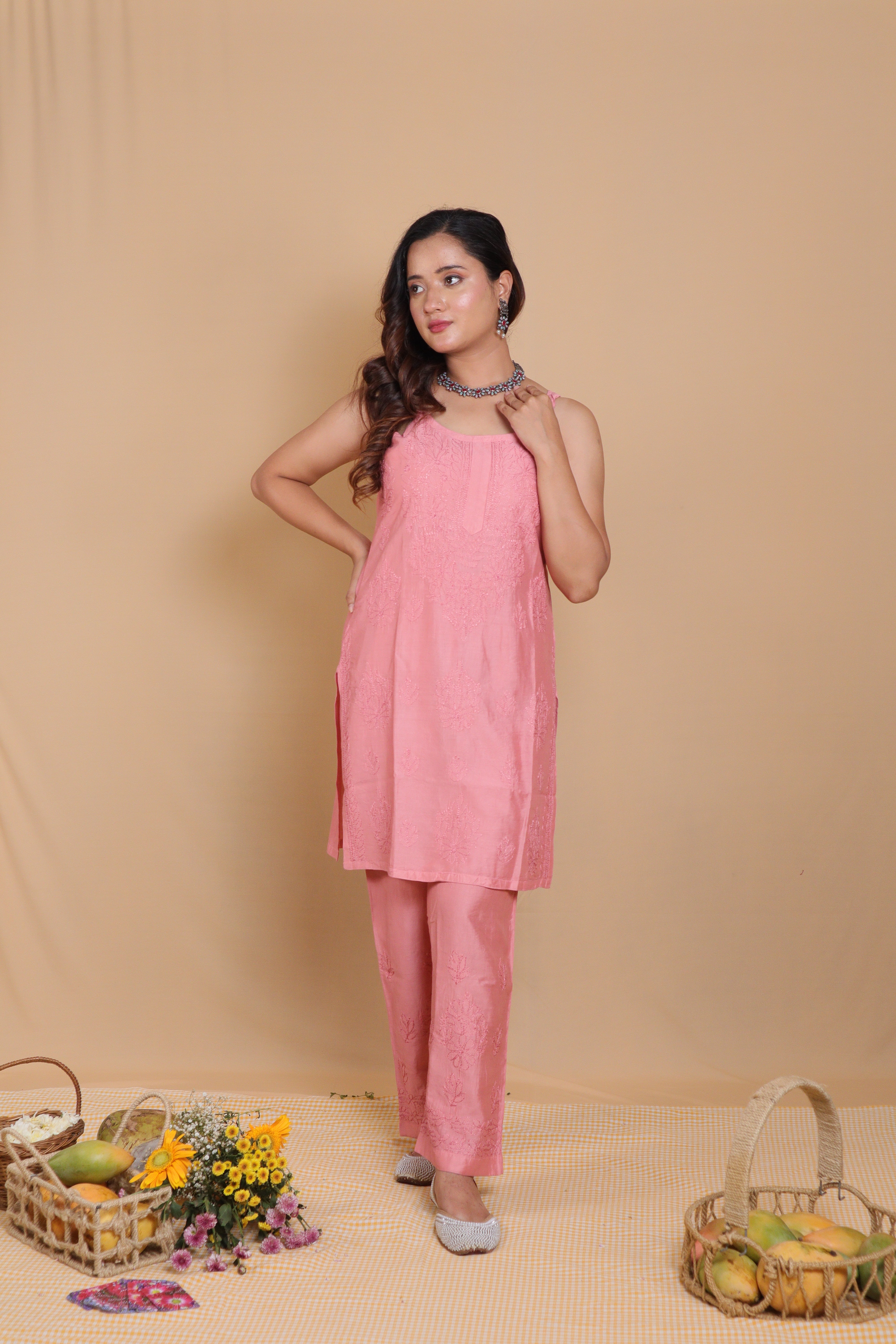 Peach Chanderi Spaghetti Bakhiya 2 Piece Set