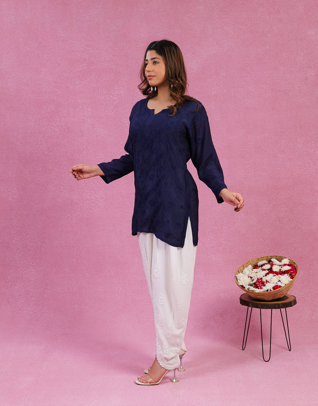 Urviya Chikankari Muslin Short Kurti – Daraj Work Dark Blue