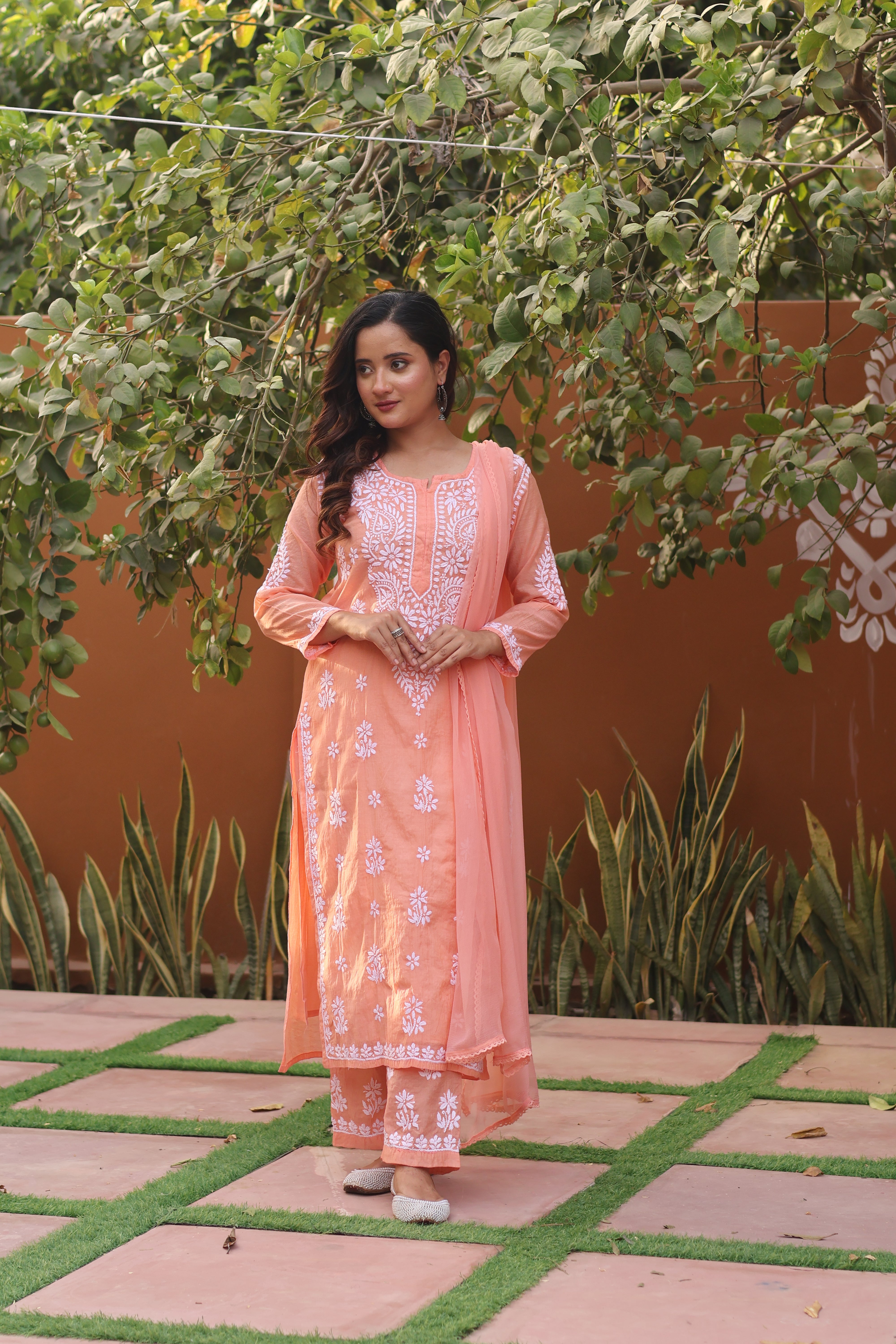 Peach Mul Chanderi Ghaspatti 3 Piece Set