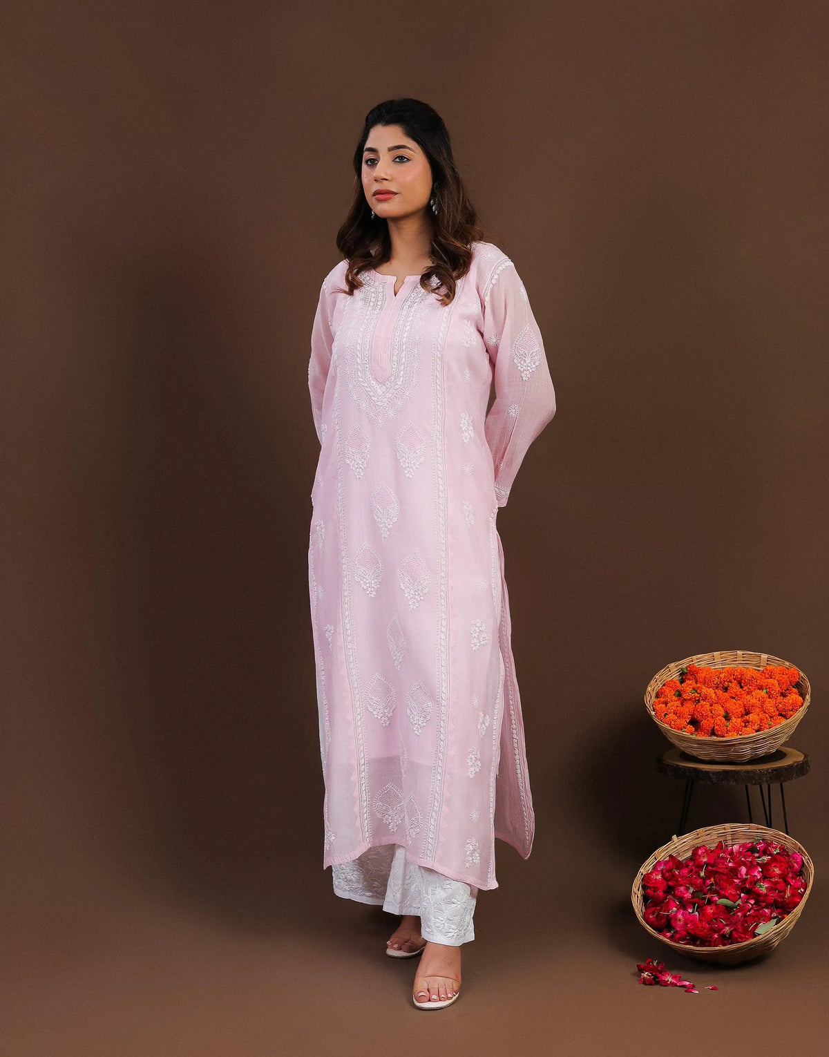 Pink Mul Chanderi Straight Cut Long Kurti Pink Mul Chanderi Straight Cut Long Kurti 