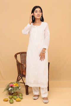 White Mul Chanderi Long Kurti 3 Piece Set