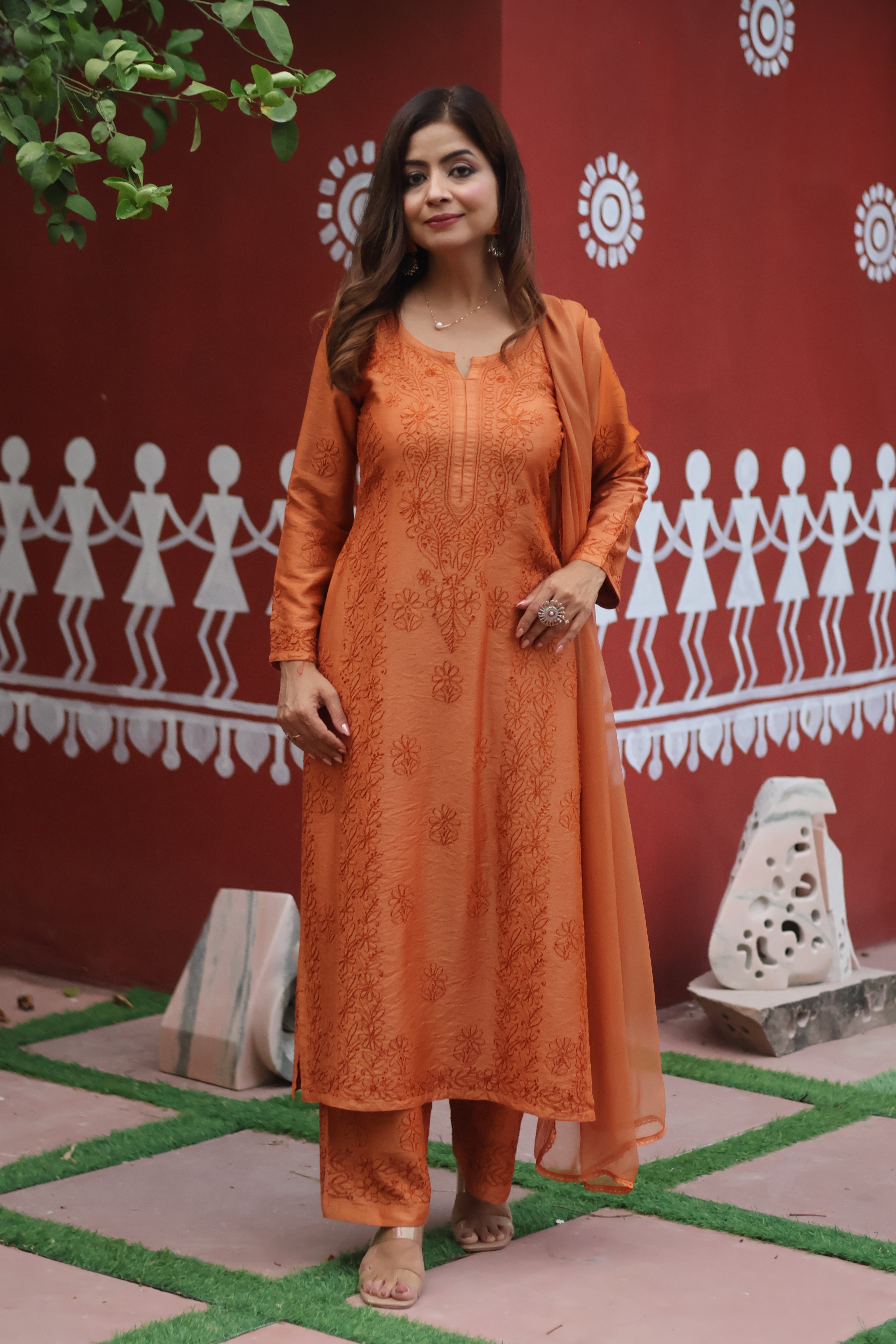Brown Chanderi Bakhiya 3 Piece Set