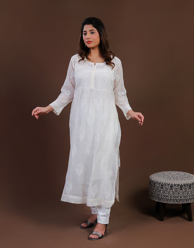 Urviya Chikankari Mul Chanderi Long Kurti – Nyra Cut with Jaali Boota White