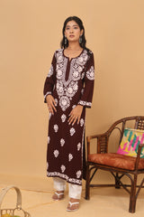 Brown Rayon White Thread Long Kurti