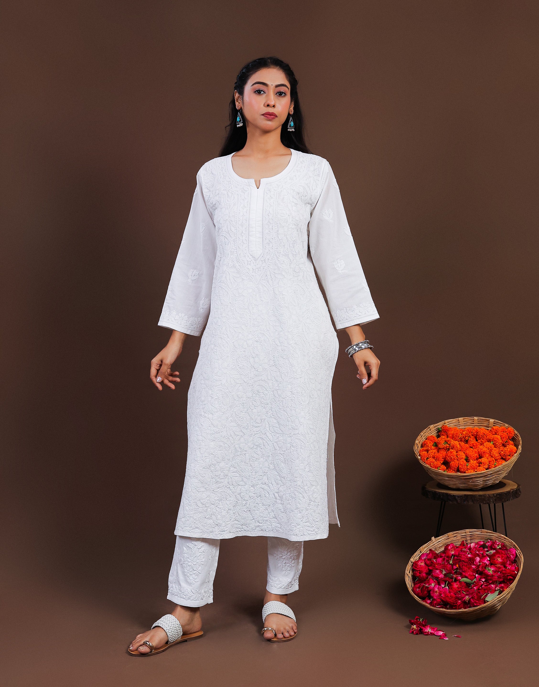 Urviya Chikankari Mul Cotton Long Kurti - Full Jaal White