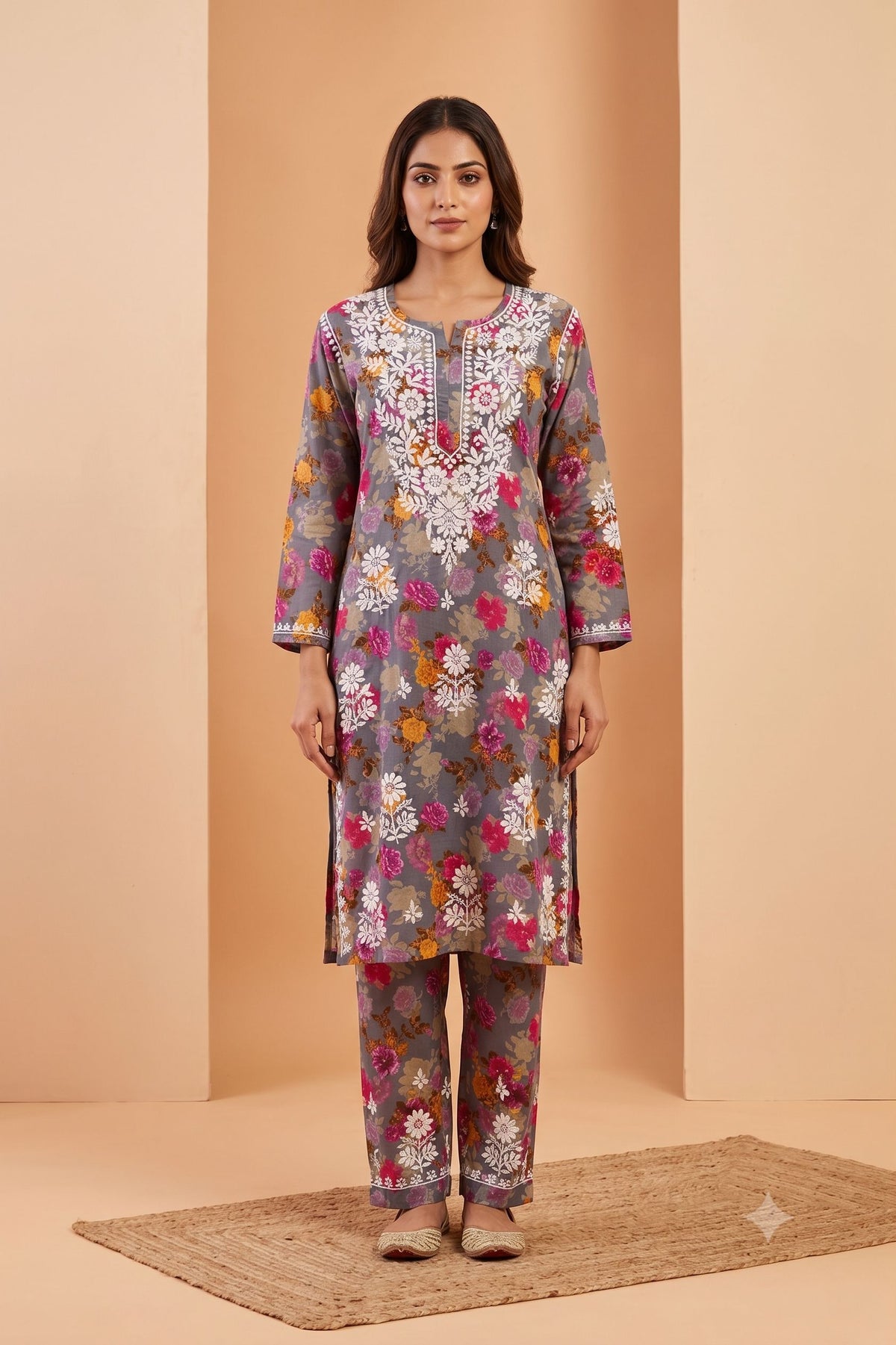 Gray Cotton Printed Chikankari 2 Piece Set